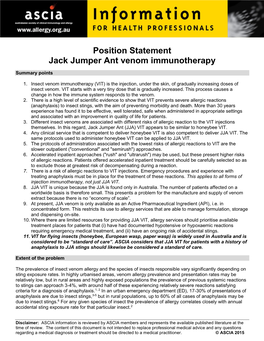 Position Statement Jack Jumper Ant Venom Immunotherapy