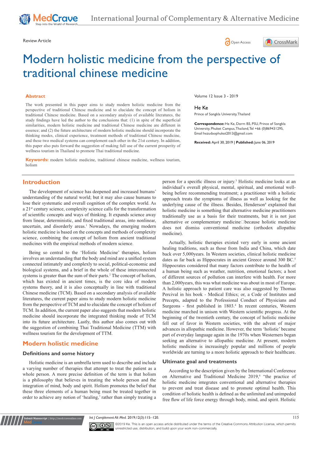 Modern Holistic Medicine from the Perspective of Traditional Chinese Medicine