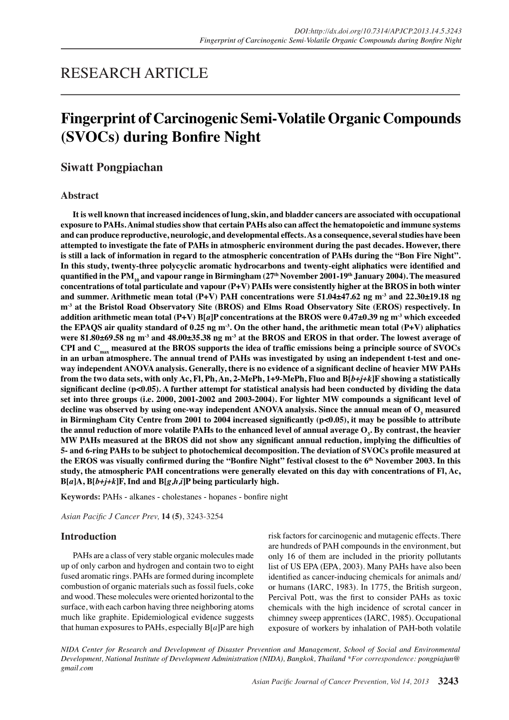 Fingerprint of Carcinogenic Semi-Volatile Organic Compounds During Bonfire Night
