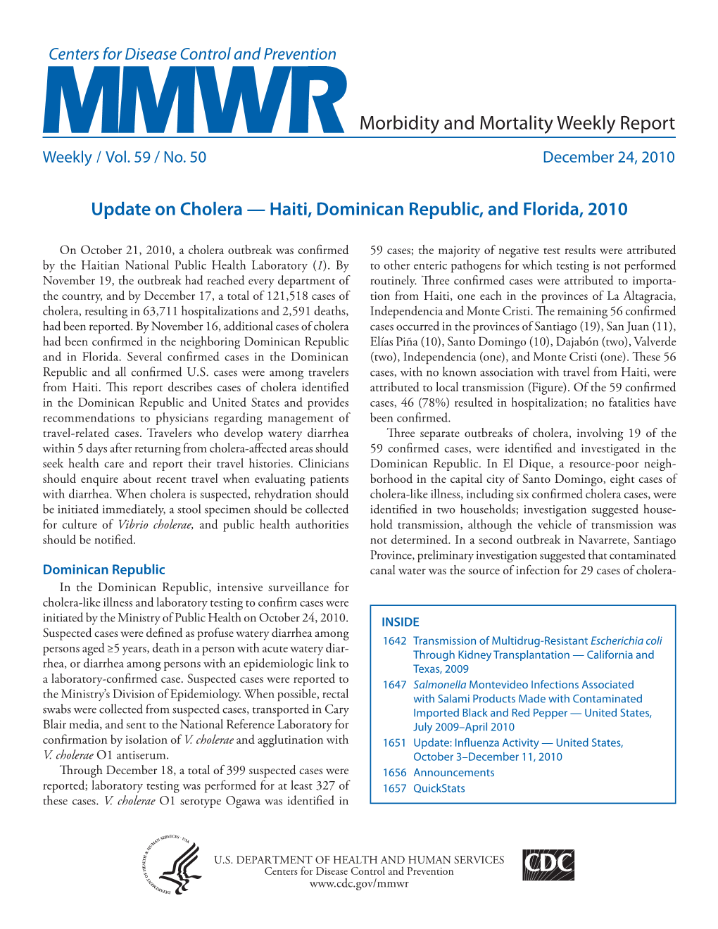 Morbidity and Mortality Weekly Report Update on Cholera