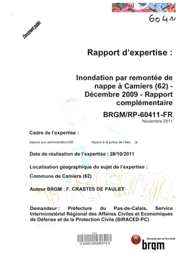 Inondation Par Remontée De Nappe À Camiers (62) - Décembre 2009 - Rapport Complémentaire BRGM/RP-60411-FR Novembre 2011