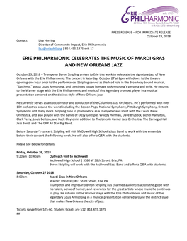 Erie Philharmonic Celebrates the Music of Mardi Gras and New Orleans Jazz