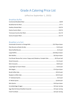 Grade a Catering Price List