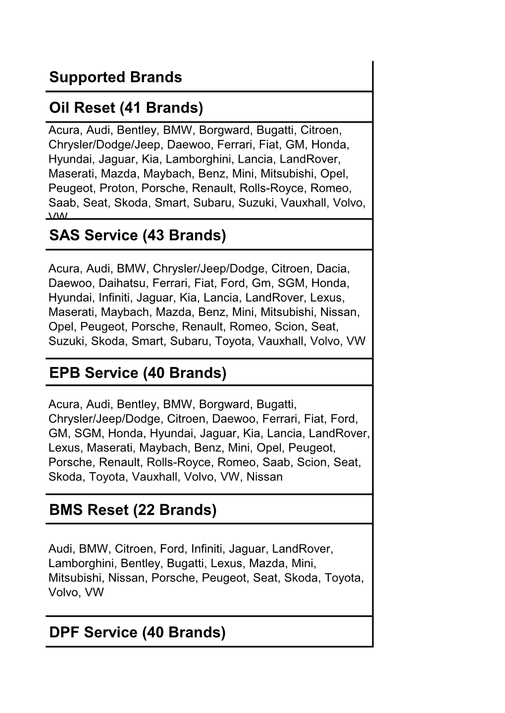 Supported Brands Oil Reset (41 Brands) SAS Service (43 Brands) EPB Service (40 Brands) BMS Reset (22 Brands) DPF Service (40