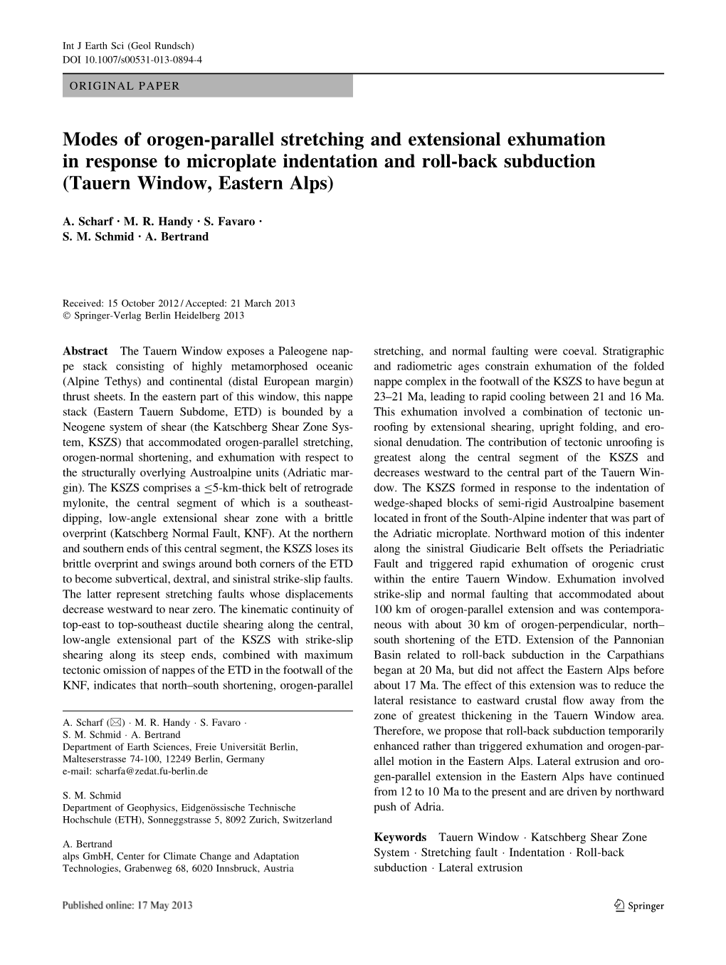 Modes of Orogen-Parallel Stretching and Extensional Exhumation in Response to Microplate Indentation and Roll-Back Subduction (Tauern Window, Eastern Alps)