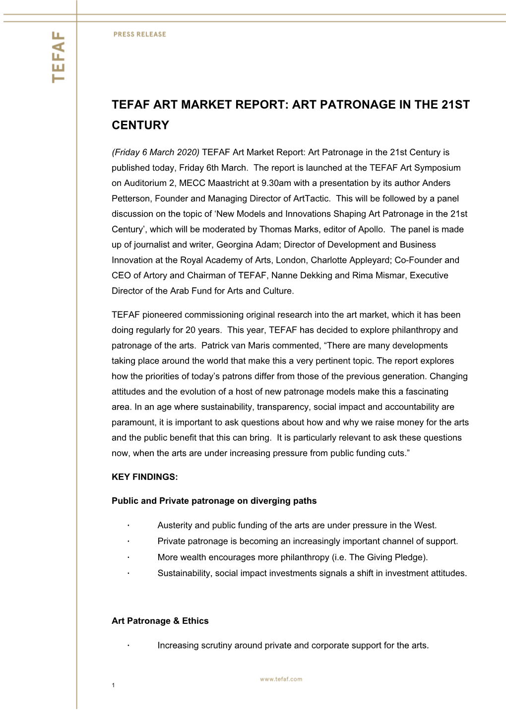 Tefaf Art Market Report: Art Patronage in the 21St Century