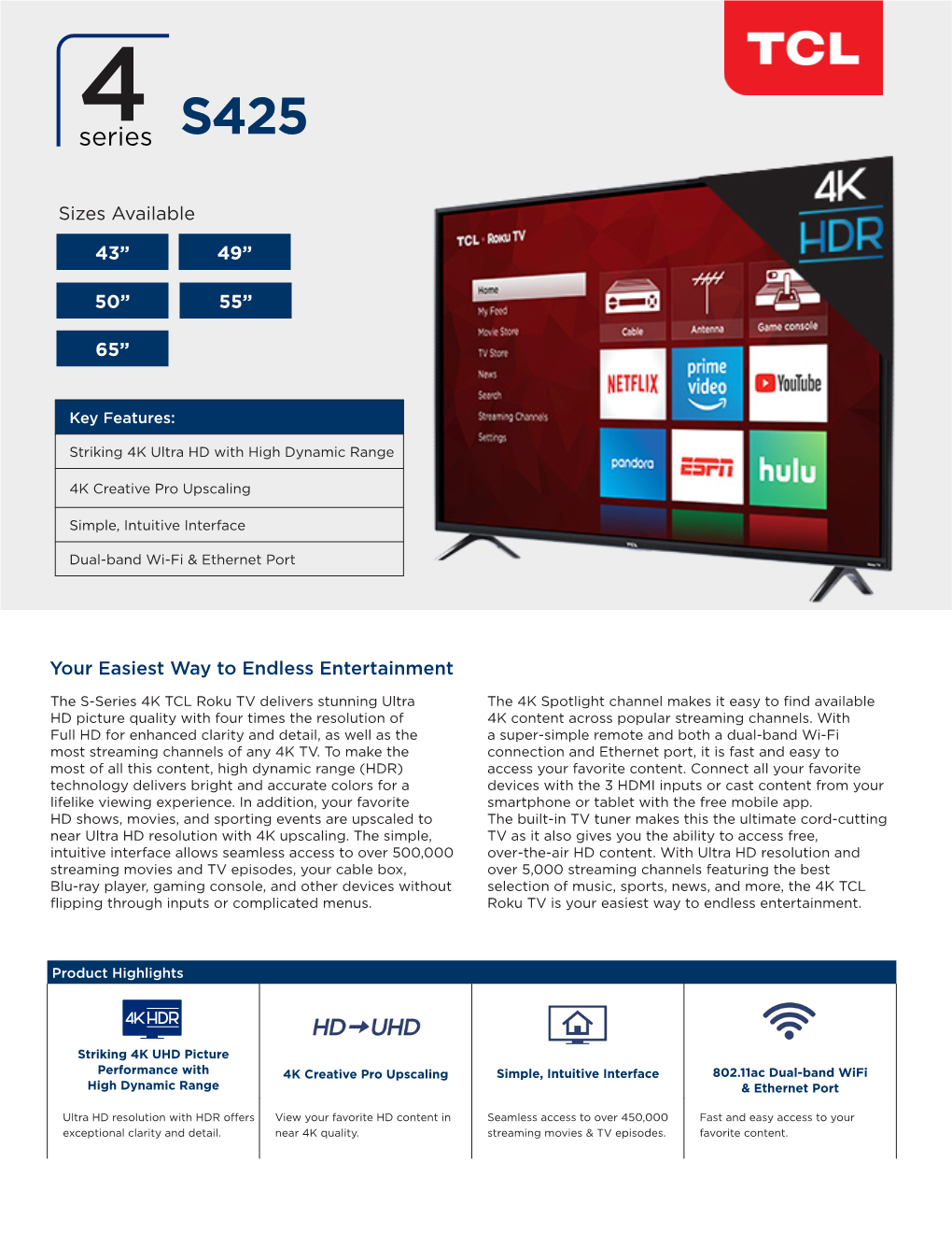 TCL ROKU 65” 4K UHD LED Smart TV 65S425RAC Specs