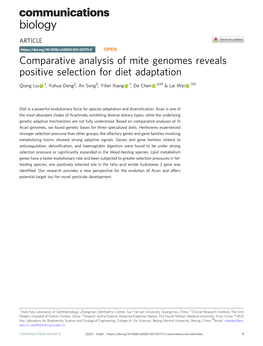 Comparative Analysis of Mite Genomes Reveals Positive Selection for Diet Adaptation ✉ ✉ Qiong Liu 1, Yuhua Deng2, an Song3, Yifan Xiang 1, De Chen 4 & Lai Wei 1