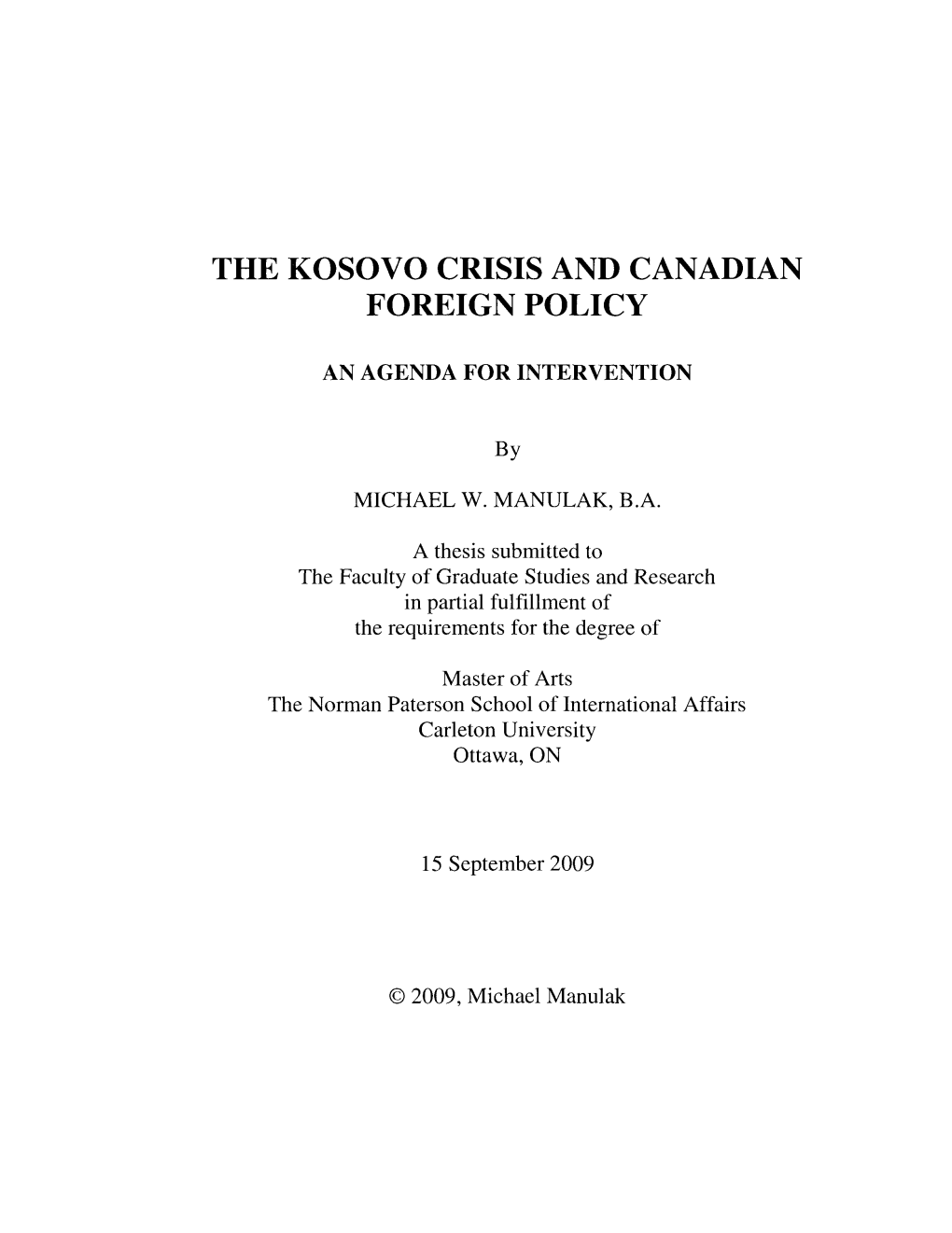 The Kosovo Crisis and Canadian Foreign Policy