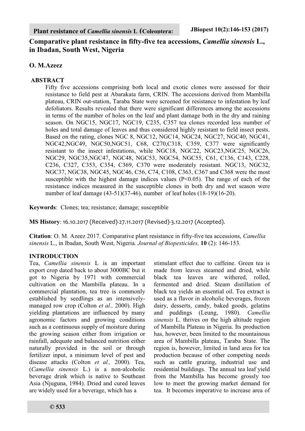 Comparative Plant Resistance in Fifty-Five Tea Accessions, Camellia Sinensis L., in Ibadan, South West, Nigeria