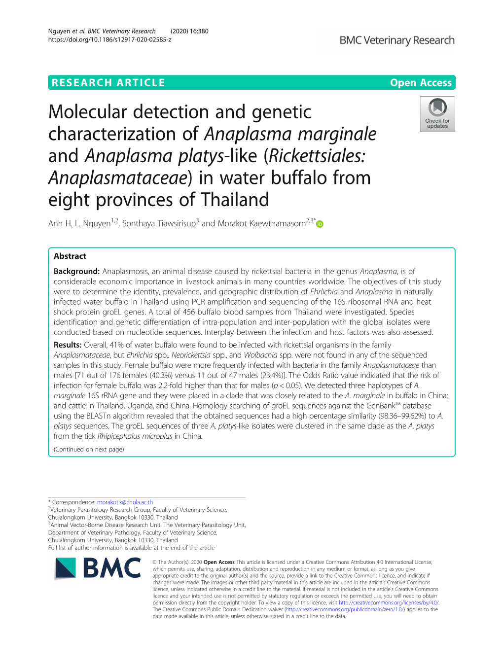 Molecular Detection and Genetic Characterization of Anaplasma Marginale and Anaplasma Platys-Like (Rickettsiales: Anaplasmatacea