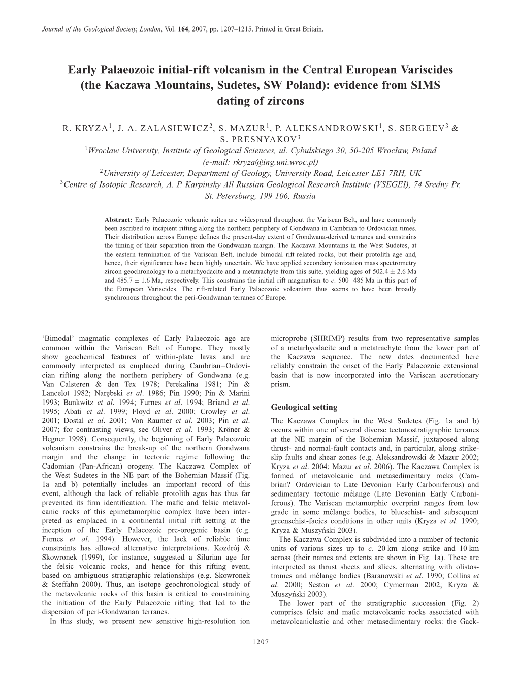 Early Palaeozoic Initial-Rift Volcanism in the Central European Variscides (The Kaczawa Mountains, Sudetes, SW Poland): Evidence from SIMS Dating of Zircons