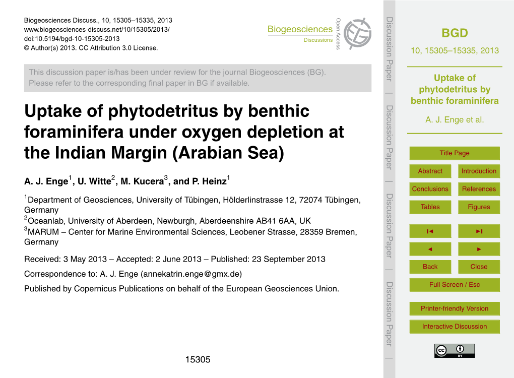 Uptake of Phytodetritus by Benthic Foraminifera References A