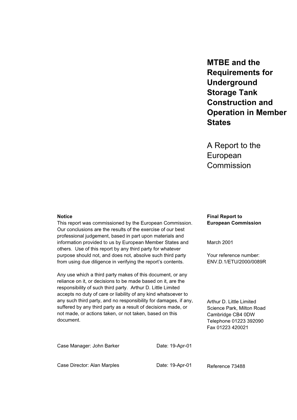 MTBE and the Requirements for Underground Storage Tank Construction and Operation in Member States