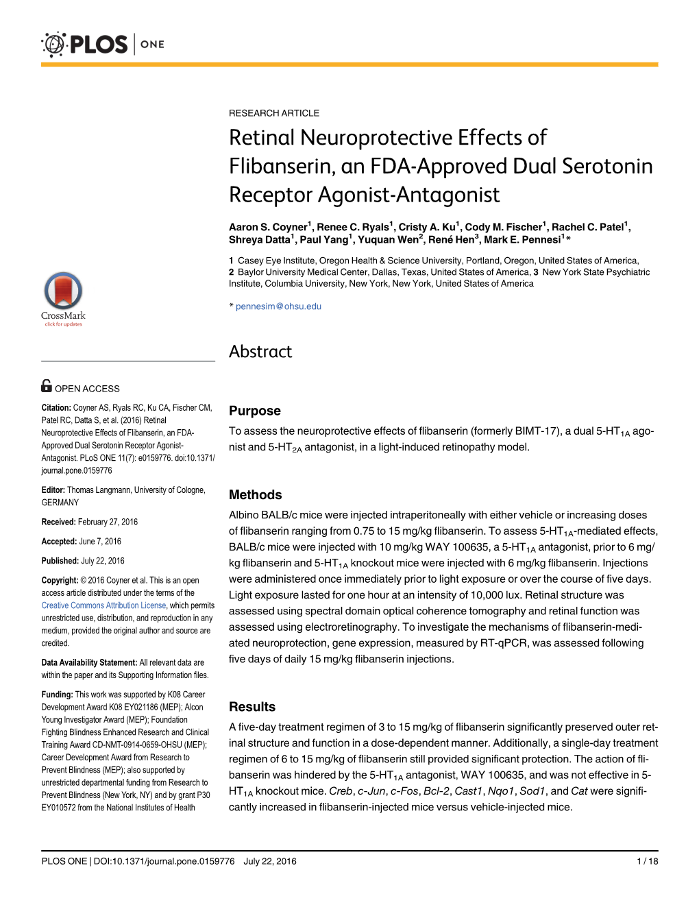 Retinal Neuroprotective Effects of Flibanserin, an FDA-Approved Dual Serotonin Receptor Agonist-Antagonist