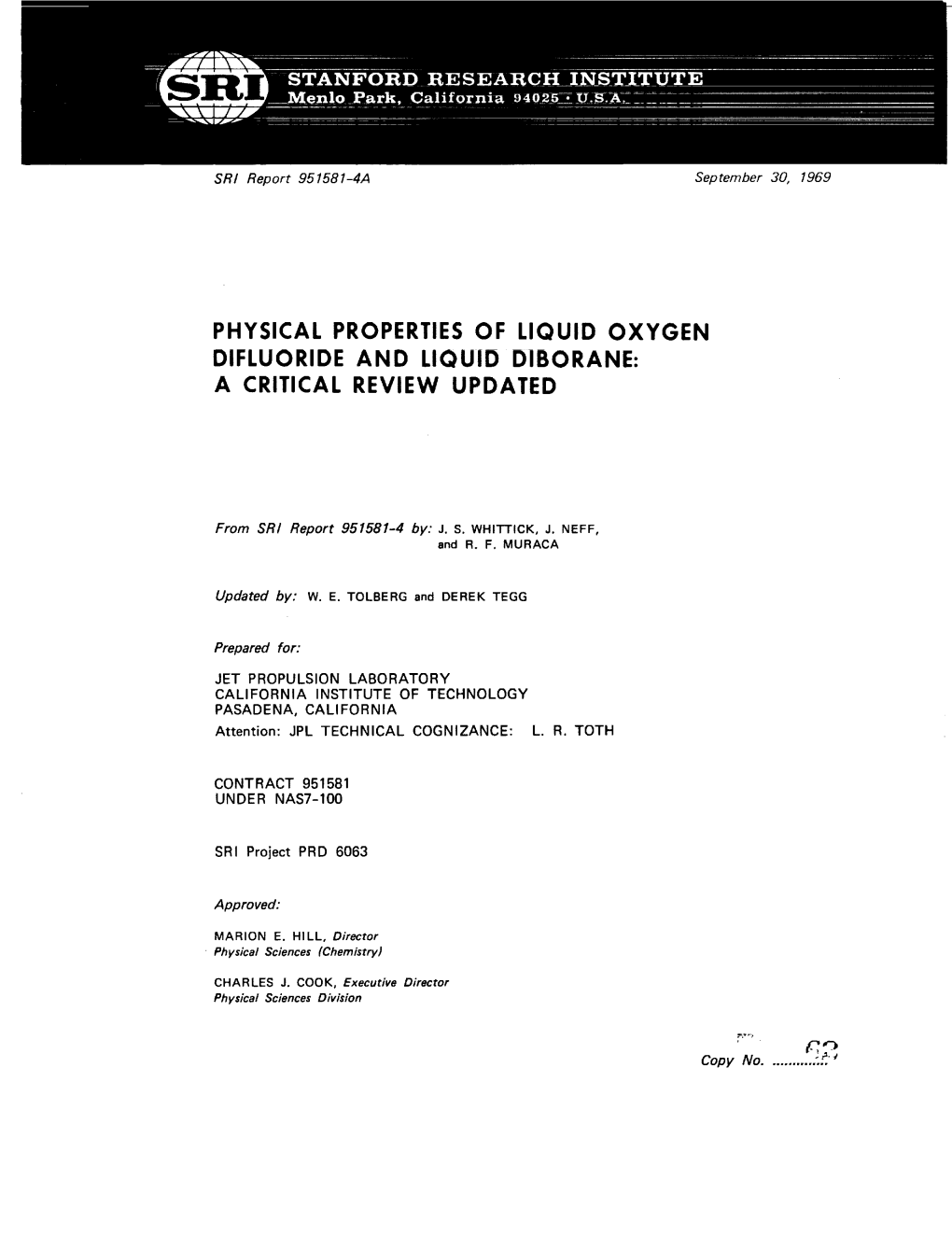 Physical Properties of Liquid Oxygen Difluoride and Liquid Diborane: a Critical Review Updated