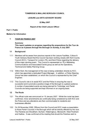TONBRIDGE & MALLING BOROUGH COUNCIL LEISURE and ARTS ADVISORY BOARD 22 May 2007 Report of the Chief Leisure Officer Part 1
