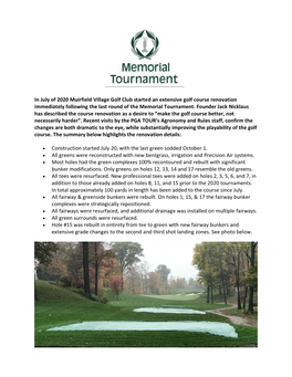 In July of 2020 Muirfield Village Golf Club Started an Extensive Golf Course Renovation Immediately Following the Last Round of the Memorial Tournament