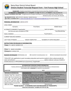 Rainy River District School Board Ontario Student Transcript Request Form – Fort Frances High School