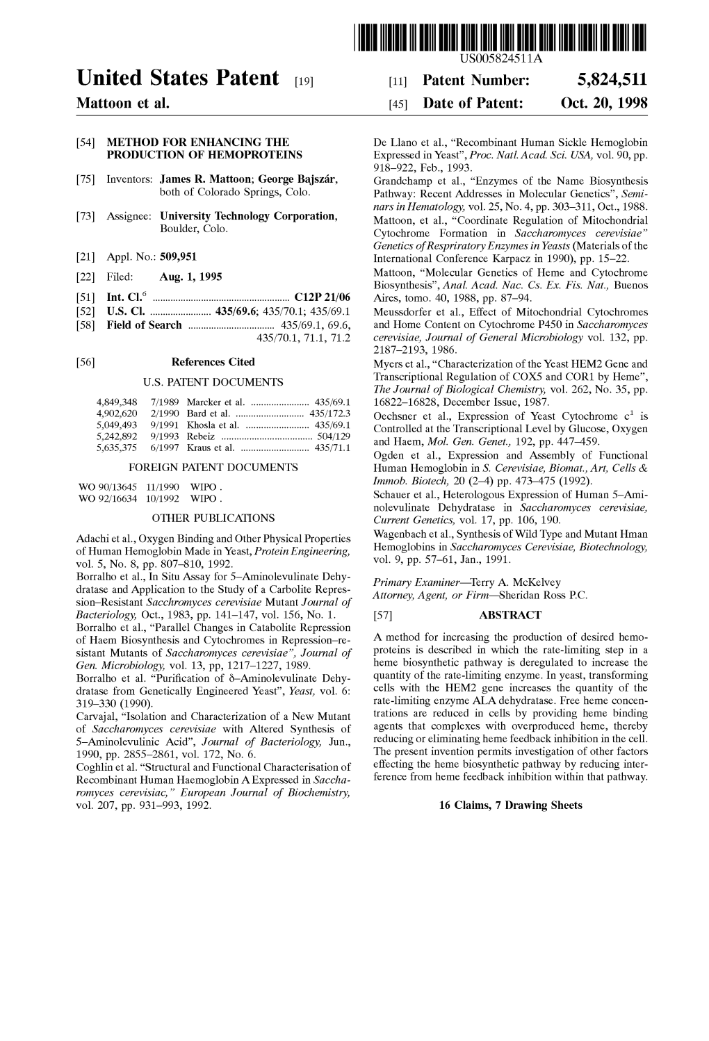 United States Patent (19) 11 Patent Number: 5,824,511 Matt00n Et Al