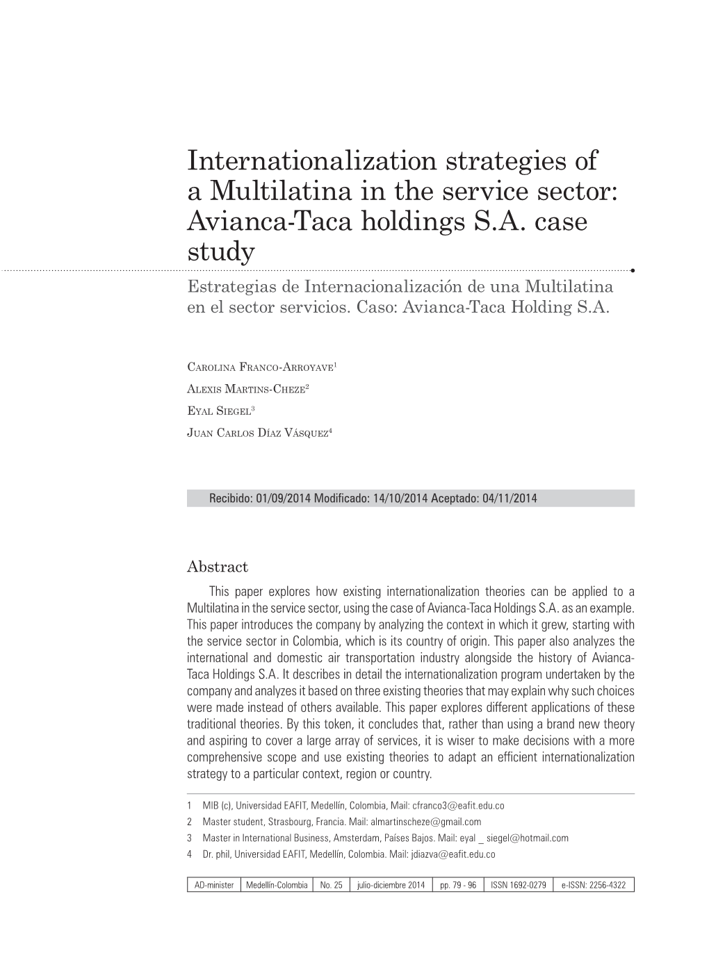 Internationalization Strategies of a Multilatina in the Service Sector: Avianca-Taca Holdings S.A