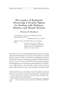 The Legacy of Reykjavik: Preserving a Security Option for Dealing with Madmen, Missiles, and Missile Defense