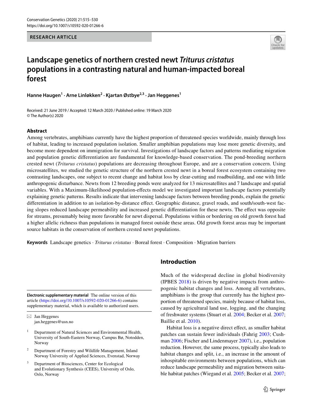 Landscape Genetics of Northern Crested Newt Triturus Cristatus Populations in a Contrasting Natural and Human‑Impacted Boreal Forest
