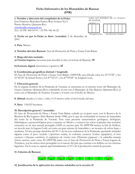 Ficha Informativa De Los Humedales De Ramsar (FIR)