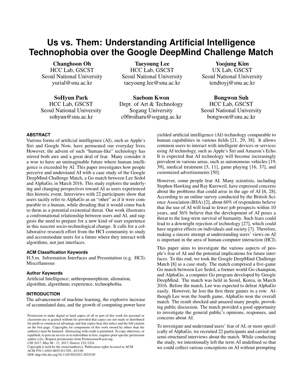 Us Vs. Them: Understanding Artificial Intelligence Technophobia Over the Google Deepmind Challenge Match