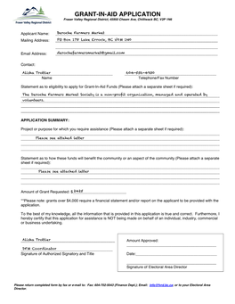 GRANT-IN-AID APPLICATION Fraser Valley Regional District, 45950 Cheam Ave, Chilliwack BC, V2P 1N6