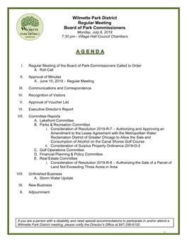 Wilmette Park District Regular Meeting Board of Park Commissioners Monday, July 8, 2019 7:30 Pm - Village Hall Council Chambers