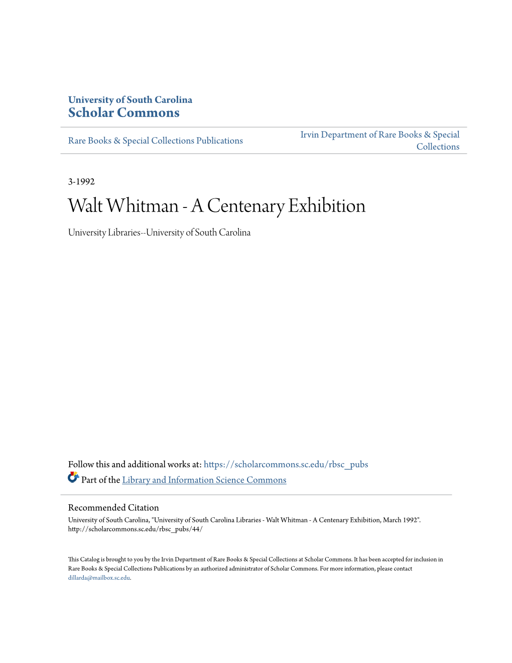 Walt Whitman - a Centenary Exhibition University Libraries--University of South Carolina