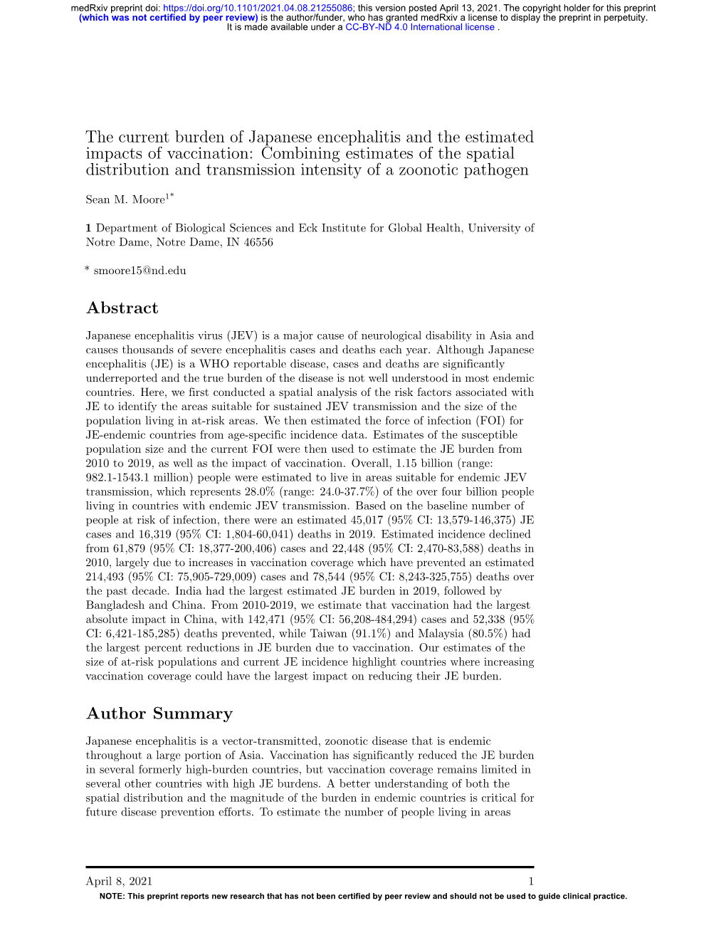 The Current Burden of Japanese Encephalitis and the Estimated
