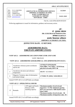 Aerodrome Data Tirupati Airport (Votp)