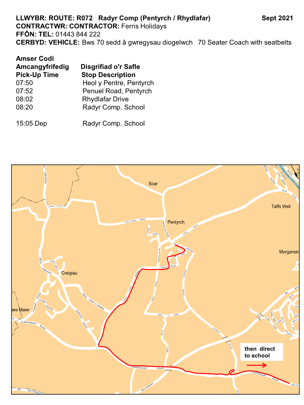 Route R072 Radyr Comp (Pentyrch, Rhydlafar)