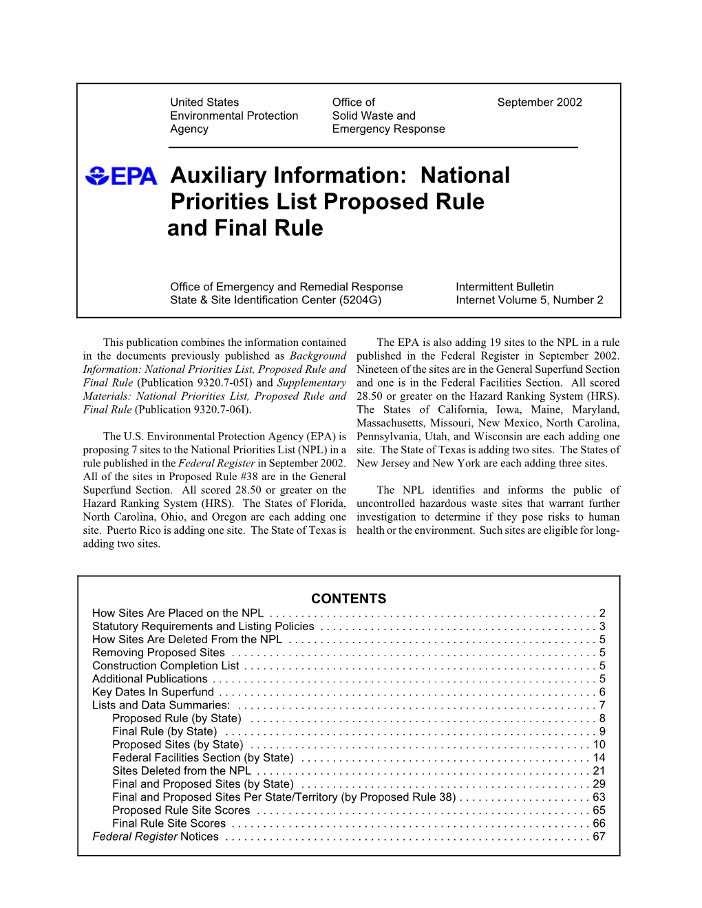 Auxiliary Information: National Priorities List Proposed Rule and Final Rule