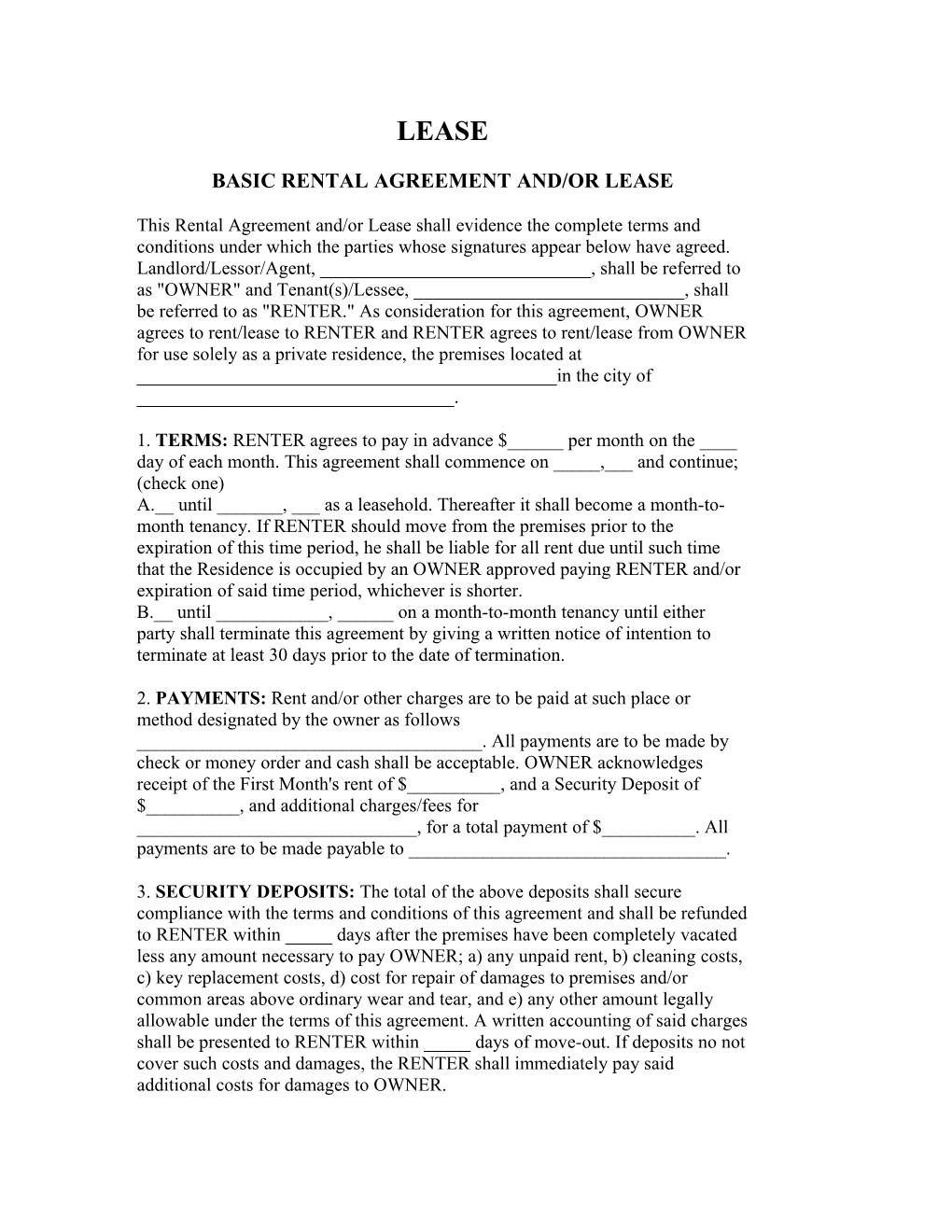LEASE BASIC RENTAL AGREEMENT AND/OR LEASE This Rental Agreement And/Or Lease Shall Evidence