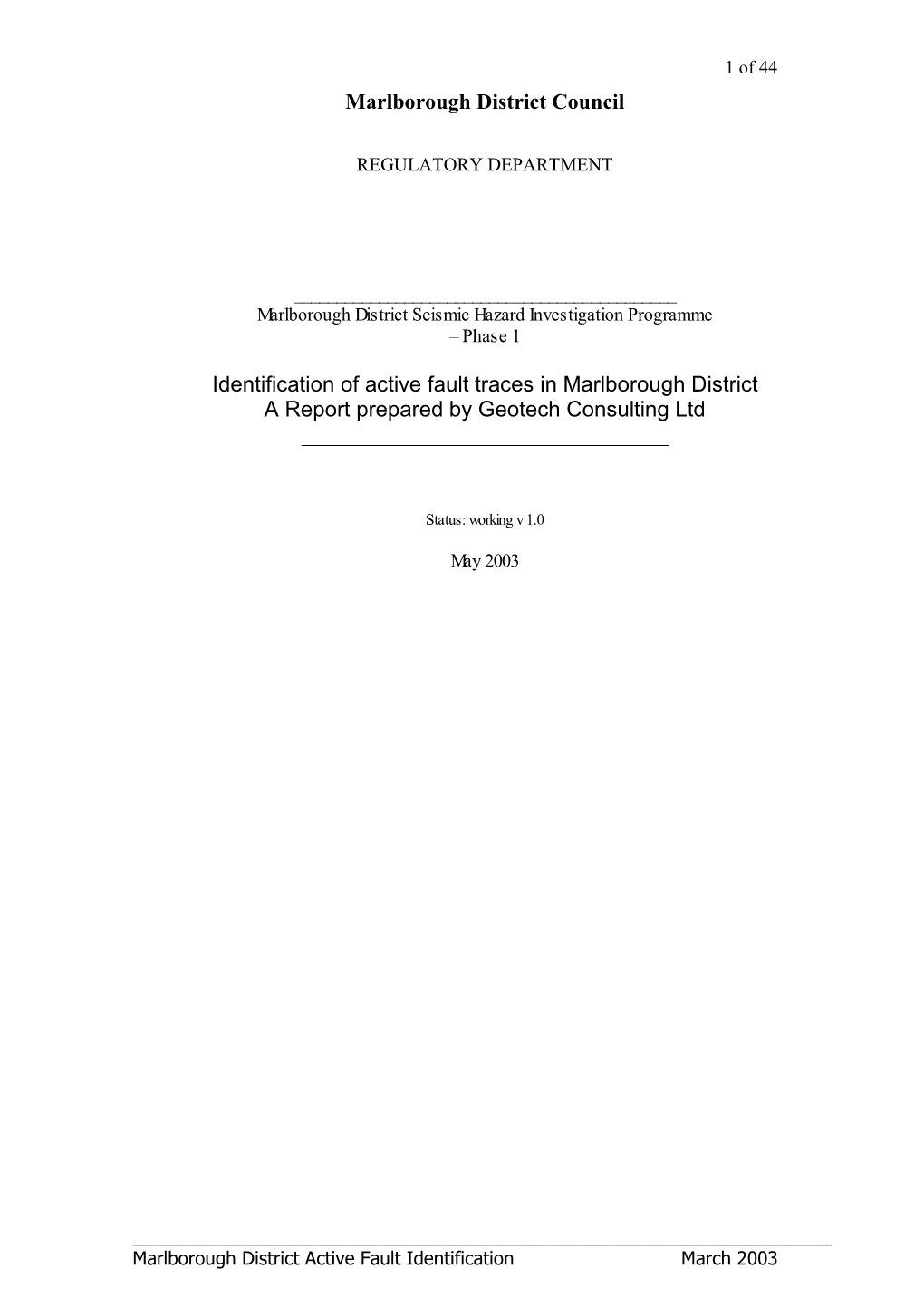 Identification of Active Fault Traces in Marlborough District a Report Prepared by Geotech Consulting Ltd ______