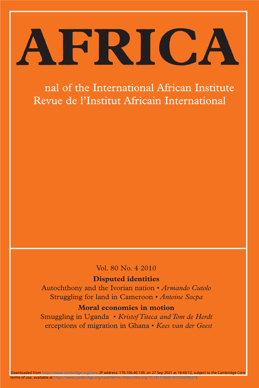 Nal of the International African Institute Revue De L'institut Africain