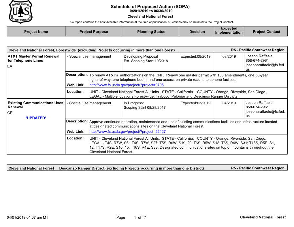 Schedule of Proposed Action (SOPA) 04/01/2019 to 06/30/2019 Cleveland National Forest This Report Contains the Best Available Information at the Time of Publication