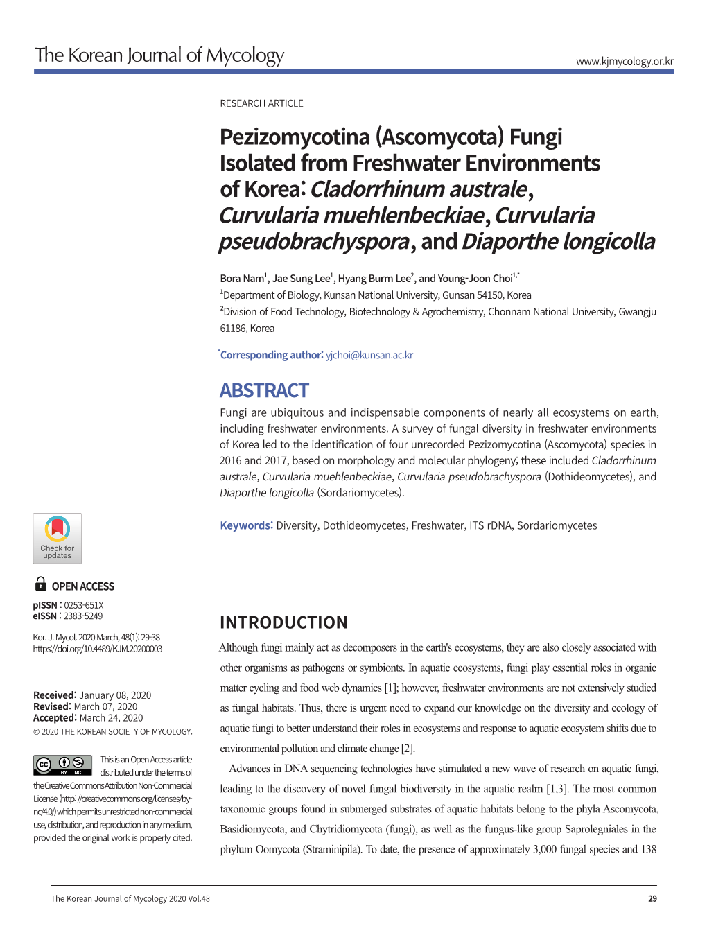 Pezizomycotina (Ascomycota) Fungi Isolated from Freshwater