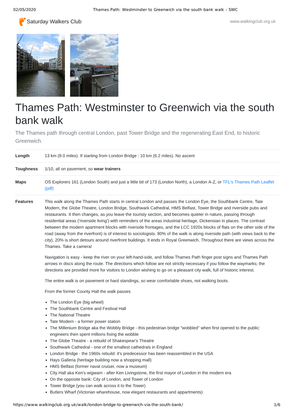 Thames Path: Westminster to Greenwich Via the South Bank Walk - SWC