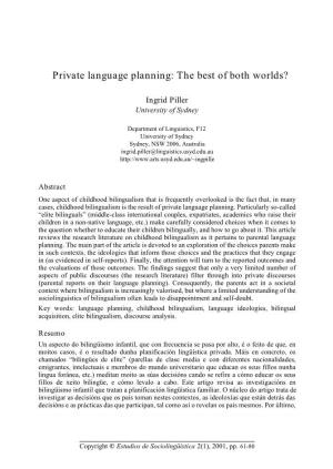 Piller, I. 2001. Private Language Planning: the Best of Both Worlds?