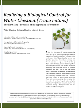 Realizing a Biological Control for Water Chestnut (Trapa Natans) the Next Step - Proposal and Supporting Information