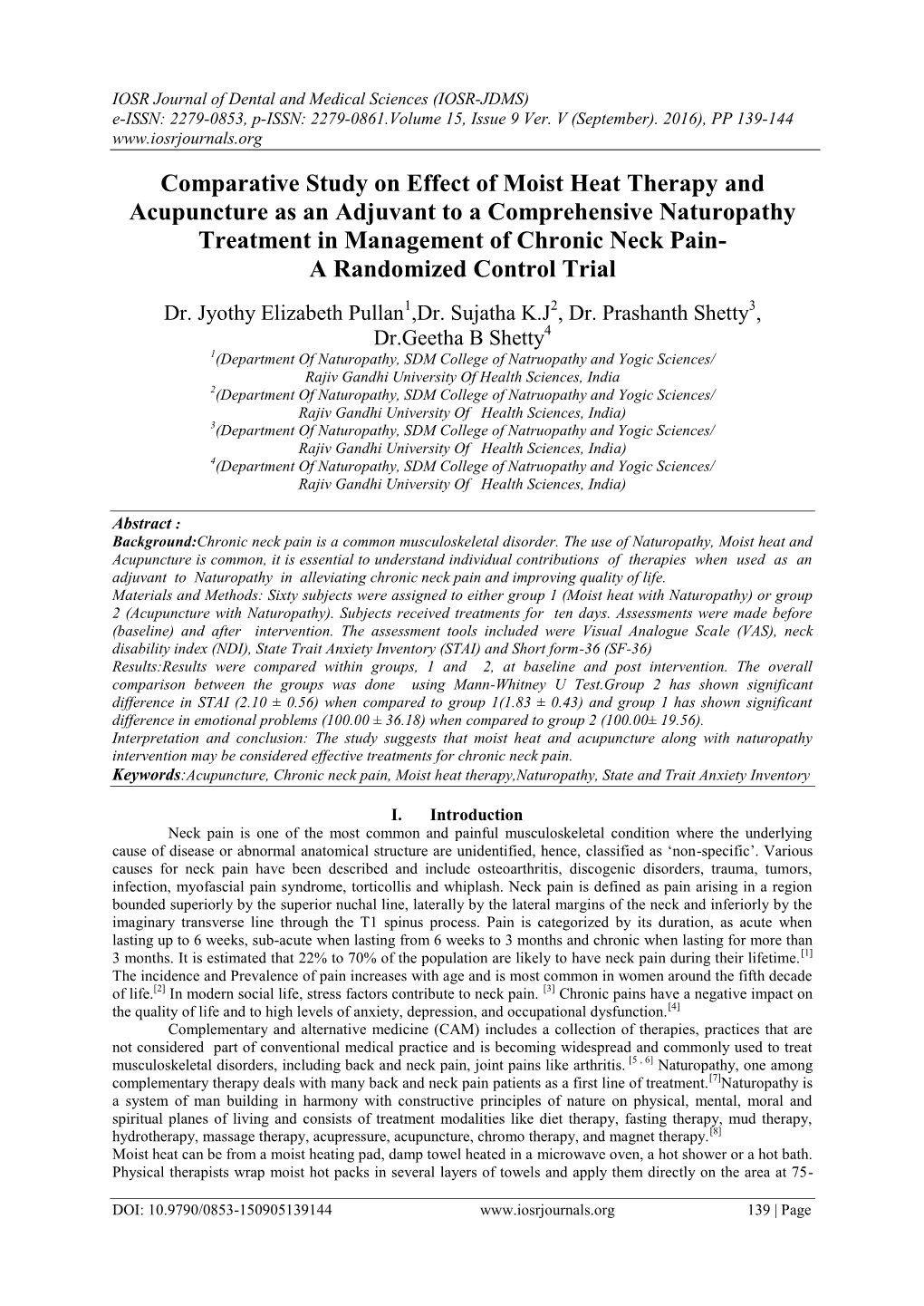 Comparative Study on Effect of Moist Heat Therapy and Acupuncture As an Adjuvant to a Comprehensive Naturopathy Treatment In