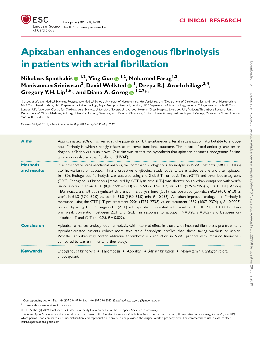 Apixaban Enhances Endogenous Fibrinolysis in Patients with Atrial