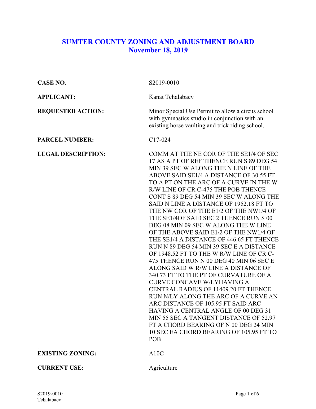 SUMTER COUNTY ZONING and ADJUSTMENT BOARD November 18, 2019