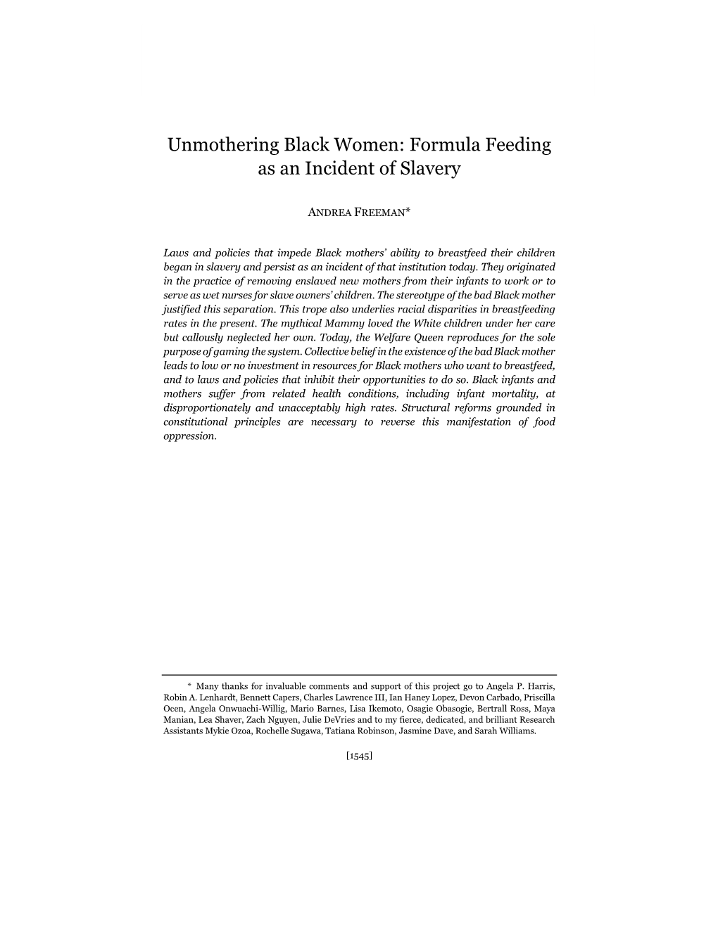 Unmothering Black Women: Formula Feeding As an Incident of Slavery