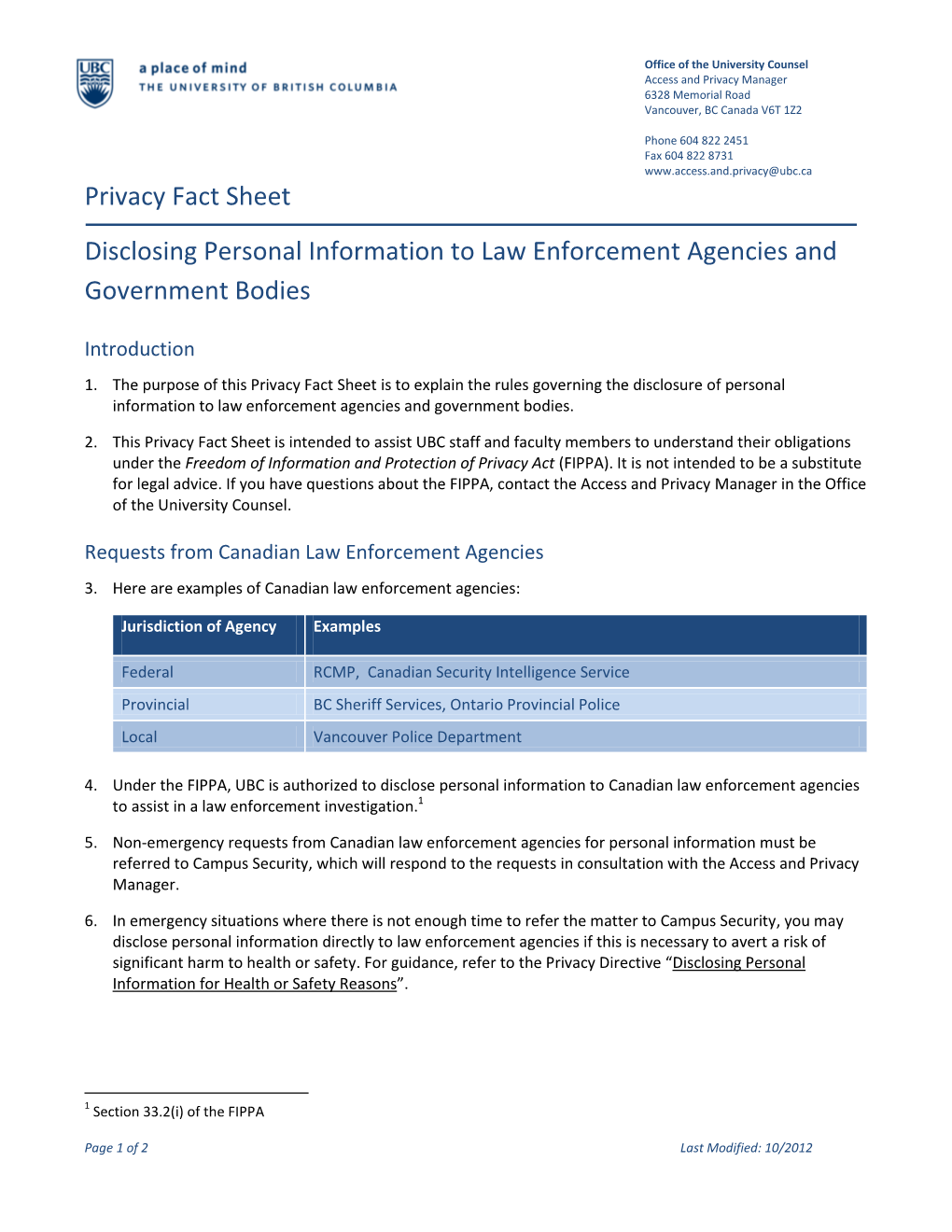 Privacy Fact Sheet Disclosing Personal Information to Law Enforcement Agencies and Government Bodies