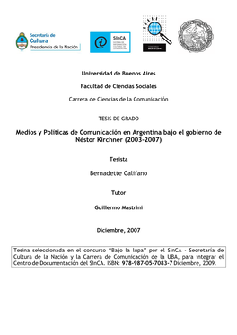 Medios Y Políticas De Comunicación En Argentina Bajo El Gobierno De Néstor Kirchner (2003-2007)